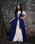 Renaissance Faire Layered Full Costume Fitted Lace-up Irish Dress with Capped Sleeve Chemise - Indigo Blue / XXS/XS
