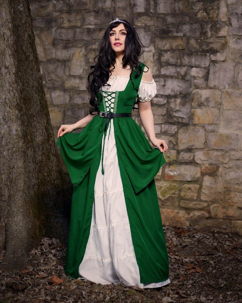 Renaissance Faire Layered Full Costume Fitted Lace-up Irish Dress with Capped Sleeve Chemise - Olive / XXS/XS