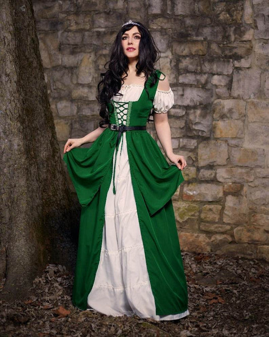 Renaissance Faire Layered Full Costume Fitted Lace-up Irish Dress with Capped Sleeve Chemise - Olive / XXS/XS