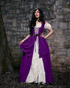 Renaissance Faire Layered Full Costume Fitted Lace-up Irish Dress with Capped Sleeve Chemise - Plum / XXS/XS