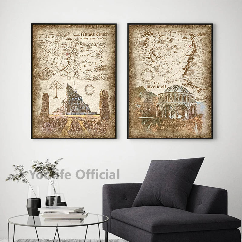 Retro Travel Map Wall Art Canvas Painting Prints Fantasy Literature Movie Poster Wall Pictures Home Decor