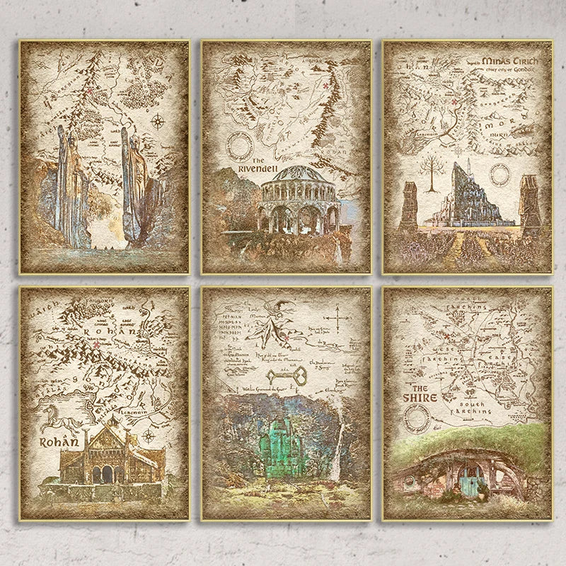 Retro Travel Map Wall Art Canvas Painting Prints Fantasy Literature Movie Poster Wall Pictures Home Decor