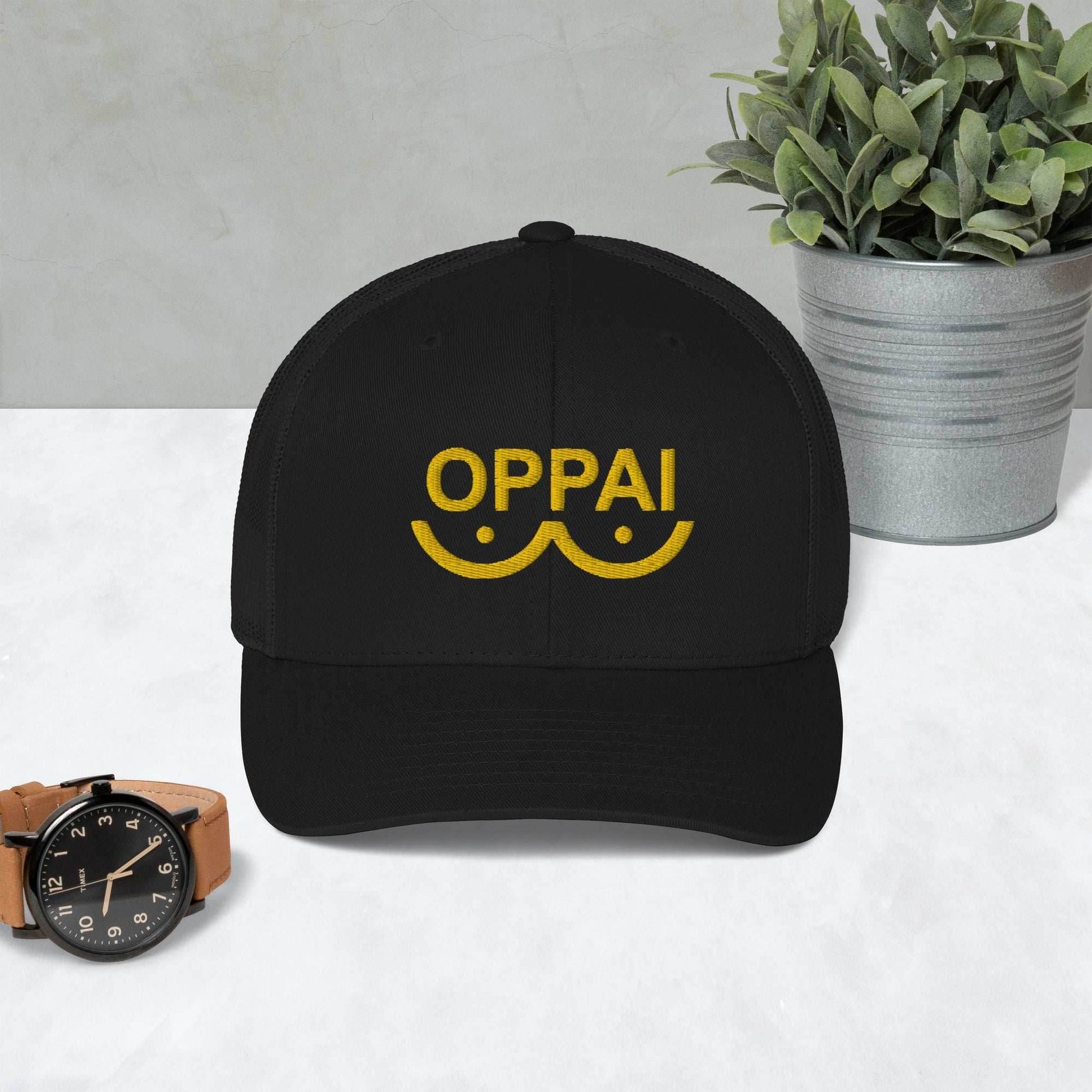 Saitama Oppai Embroidered Unisex Anime Trucker Hat - Black