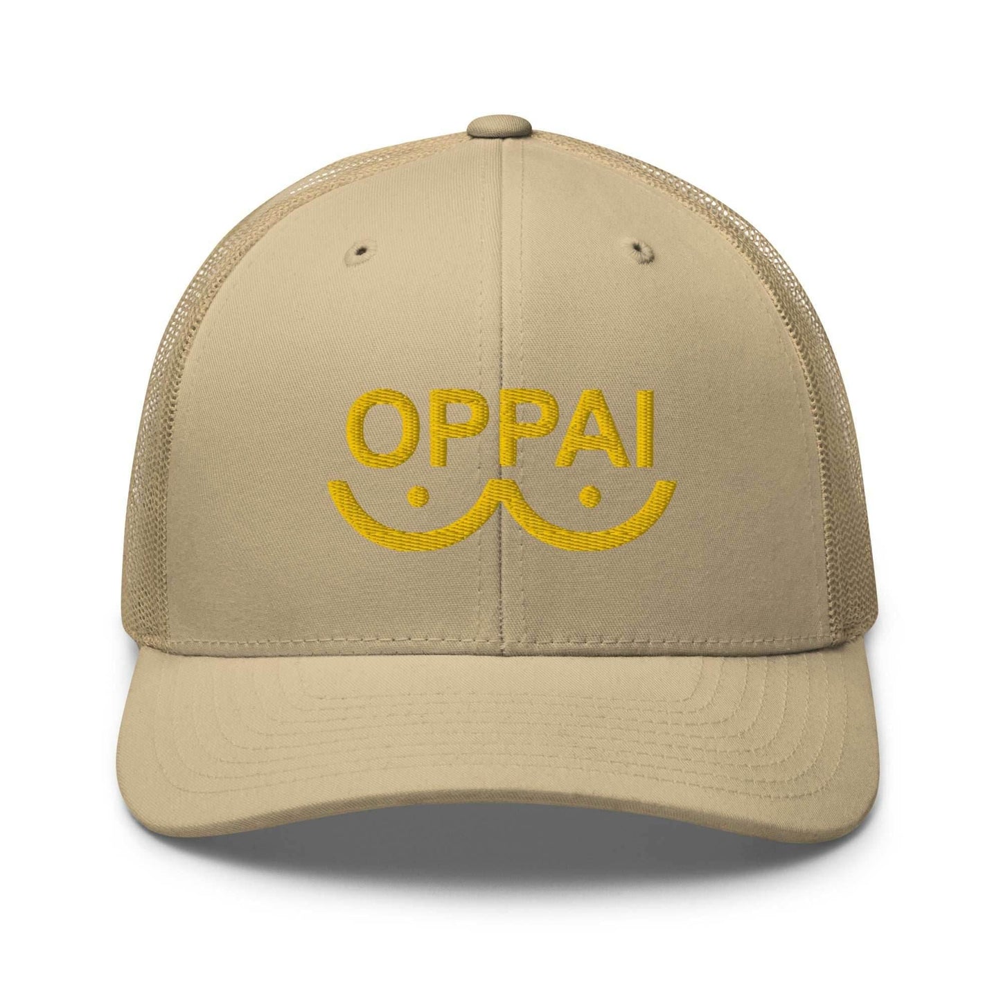 Saitama Oppai Embroidered Unisex Anime Trucker Hat - Khaki