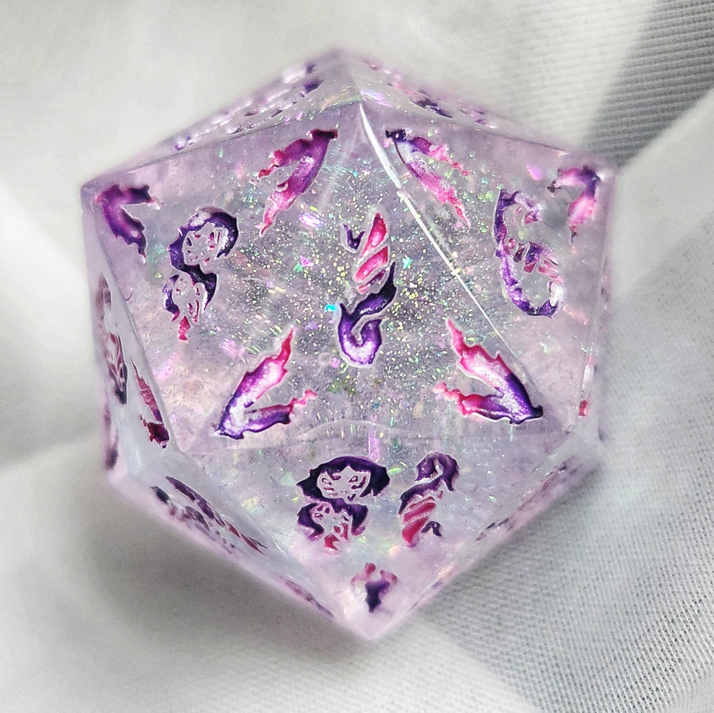 'It Must Have Been Love' Handmade Resin Shimmery Opalescent Pink Purple Handpainted Fantasy TTRPG 30MM Polyhedral Gaming Dice D20 Chonk