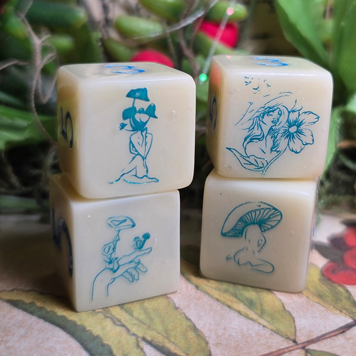 'Mushroom Maidens' Individual Bone Tone Color Handmade D6 Gaming Dice
