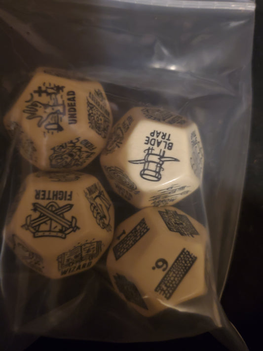 Set of 4 dice. 1 trap,1 monster, 1 class and dungeon layout die