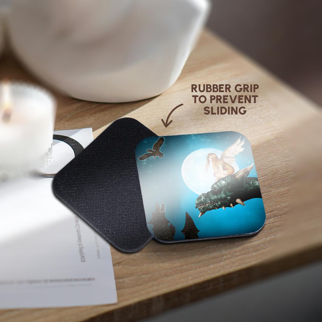 3dRose Renderly Yours Fairies - Fairy Dragon Fantasy with Moon and Owls - Coasters (cst_25967)