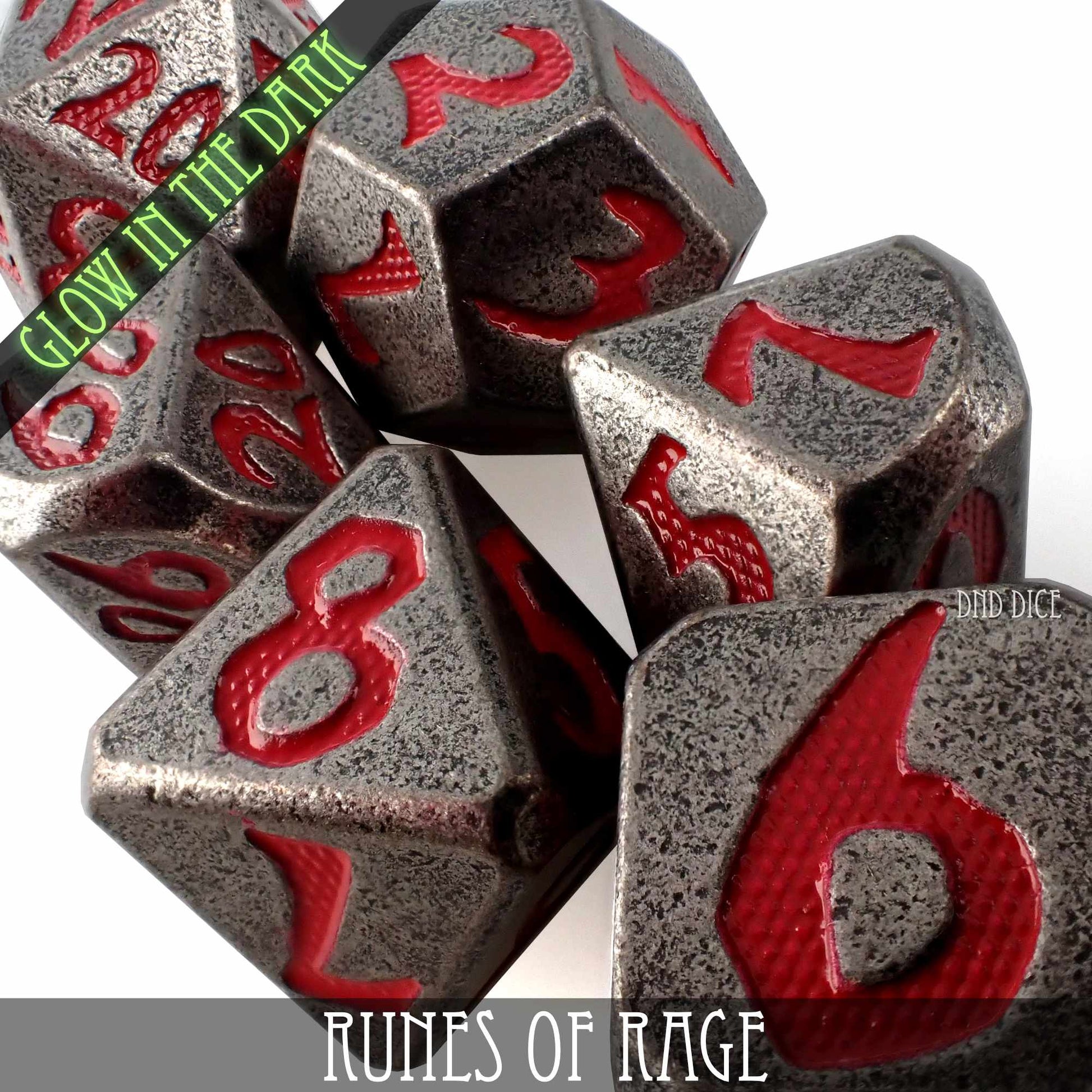 Runes of Rage Glow in the Dark Metal Dice Set