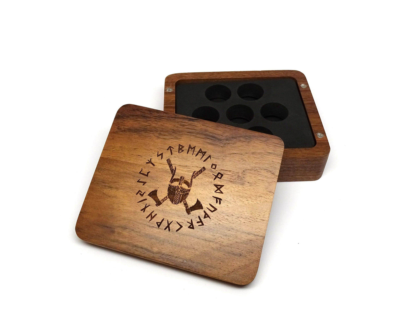 Runic Battle Helmet Wooden Dice Case - Acacia Wood