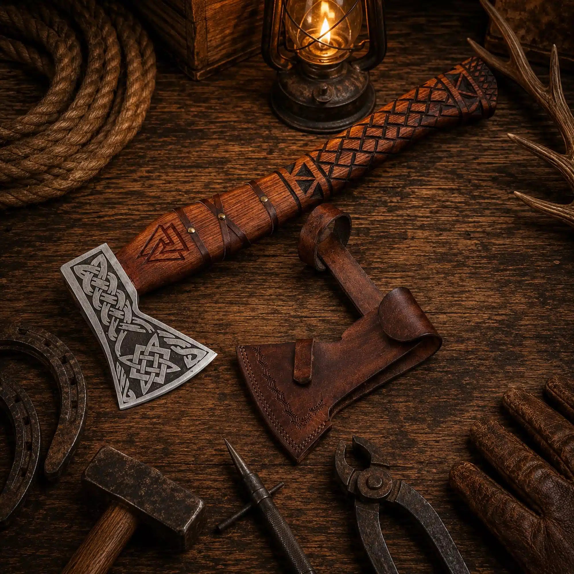 Runic & Celtic Engraved Viking Axe – 1095 Carbon Steel & Ash Wood