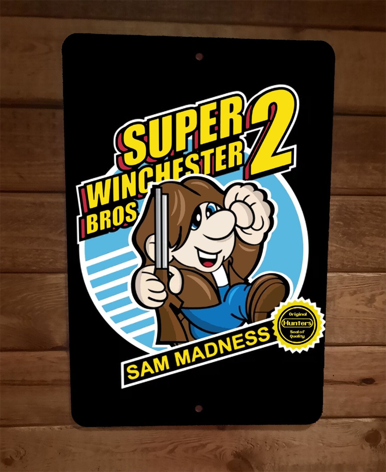 Super Winchester Brothers 2 Sam Madness 8x12 Metal Wall Sign Featuring Supernatural and Mario Themes