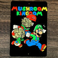 Mushroom Kingdom 8x12 Inch Metal Wall Sign Featuring Mario, Luigi, and Toad from Classic Video Game