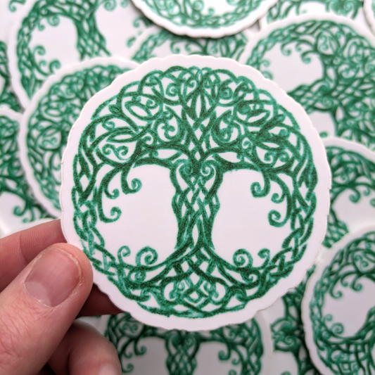 Celtic Tree of Life Vinyl Sticker - Sacred Yggdrasil Emerald Knotwork - Ancient Wisdom Cosmic Tree Decal