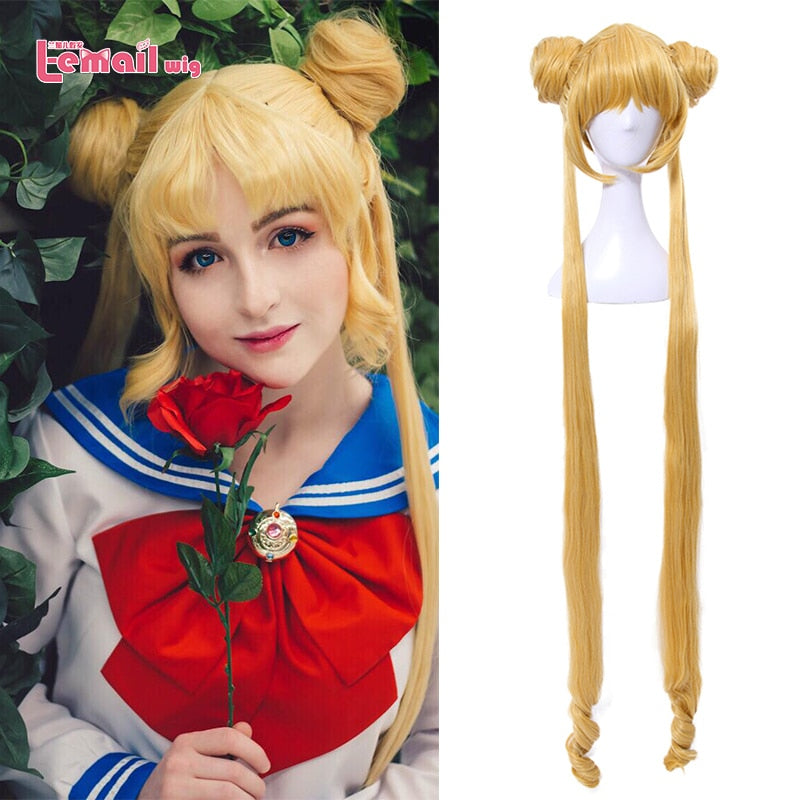 Sailor Moon Cosplay Wigs Super Long Blonde Wigs with Buns Heat Resistant Synthetic Hair Cosplay Wig Halloween