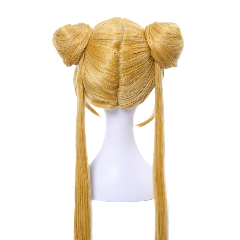 Sailor Moon Cosplay Wigs Super Long Blonde Wigs with Buns Heat Resistant Synthetic Hair Cosplay Wig Halloween