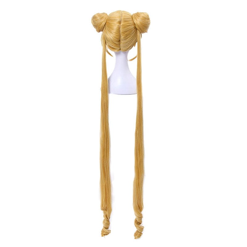 Sailor Moon Cosplay Wigs Super Long Blonde Wigs with Buns Heat Resistant Synthetic Hair Cosplay Wig Halloween