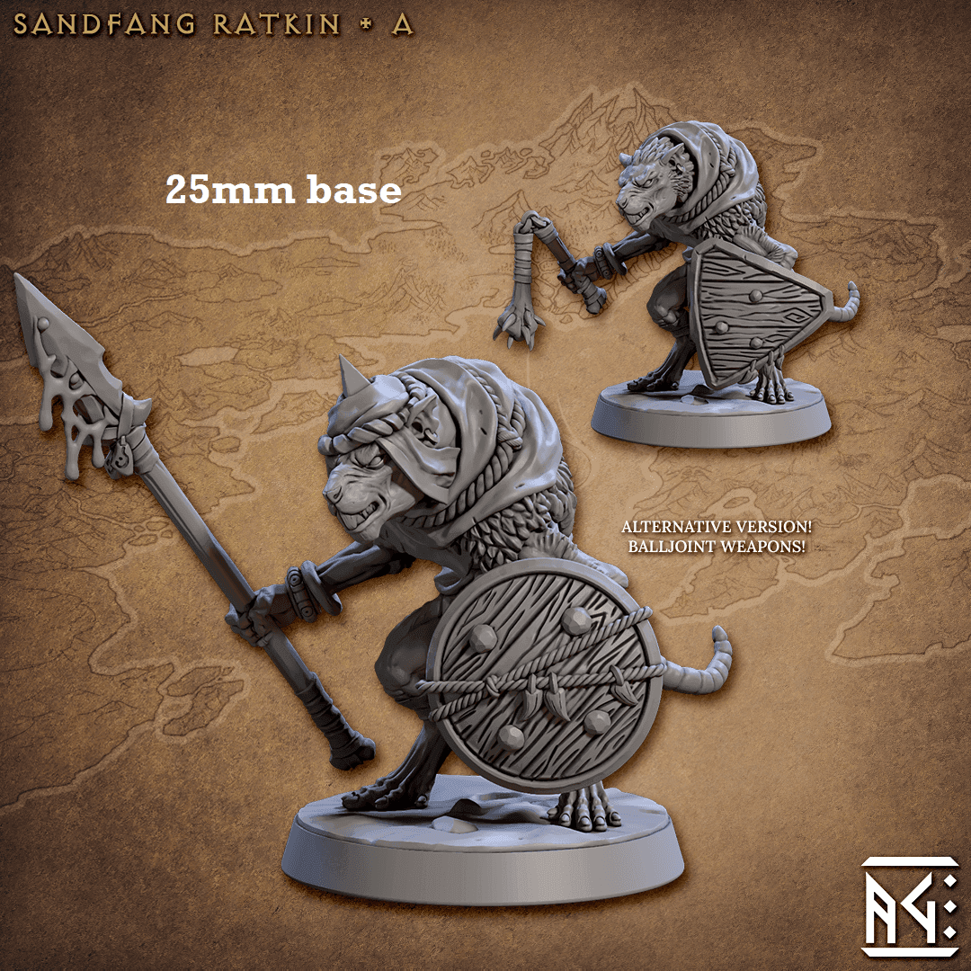 Sandfang Ratkin: Sculpt A (Male Ratkin Soldier) - Helmet / Circular Shield / Venom Spear