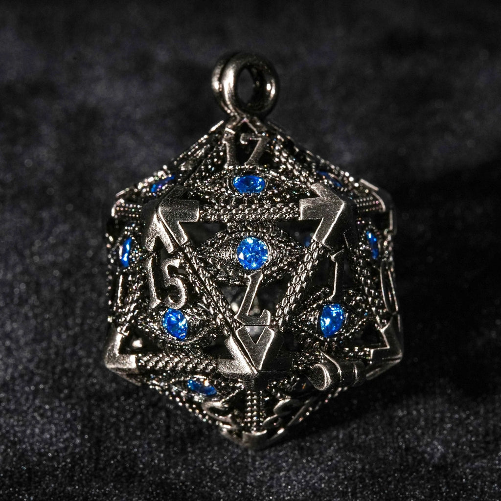 Sapphire Dragon Eye Metal Hollow D20 Dice Cage Keychain + 7 Mini Metal Dice Set