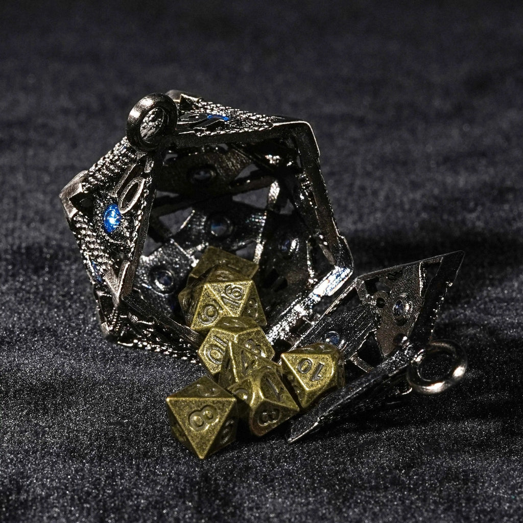 Sapphire Dragon Eye Metal Hollow D20 Dice Cage Keychain + 7 Mini Metal Dice Set