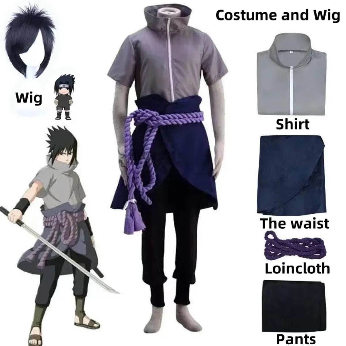 Sasuke Uchiha Cosplay Costume – Naruto Shippuden Outfit with Rope - S / Costume and Wig