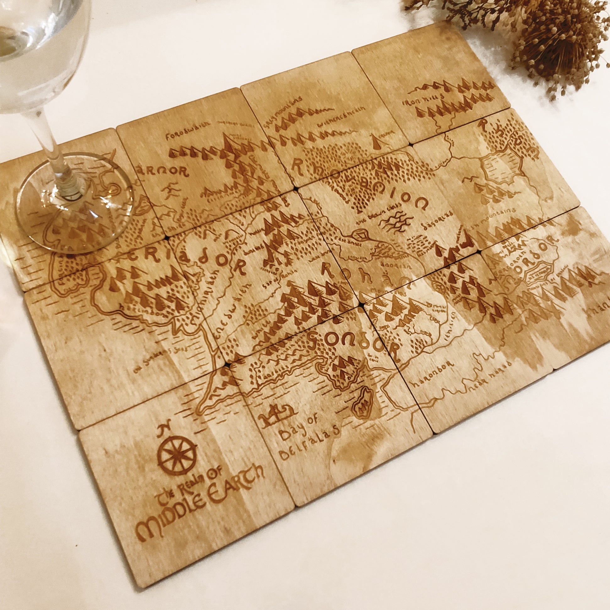 Set of 12 Middle Earth Map Wooden Coasters - Lord of The Rings - Handmade Gift - Housewarming - Wood Kitchenware - LOTR