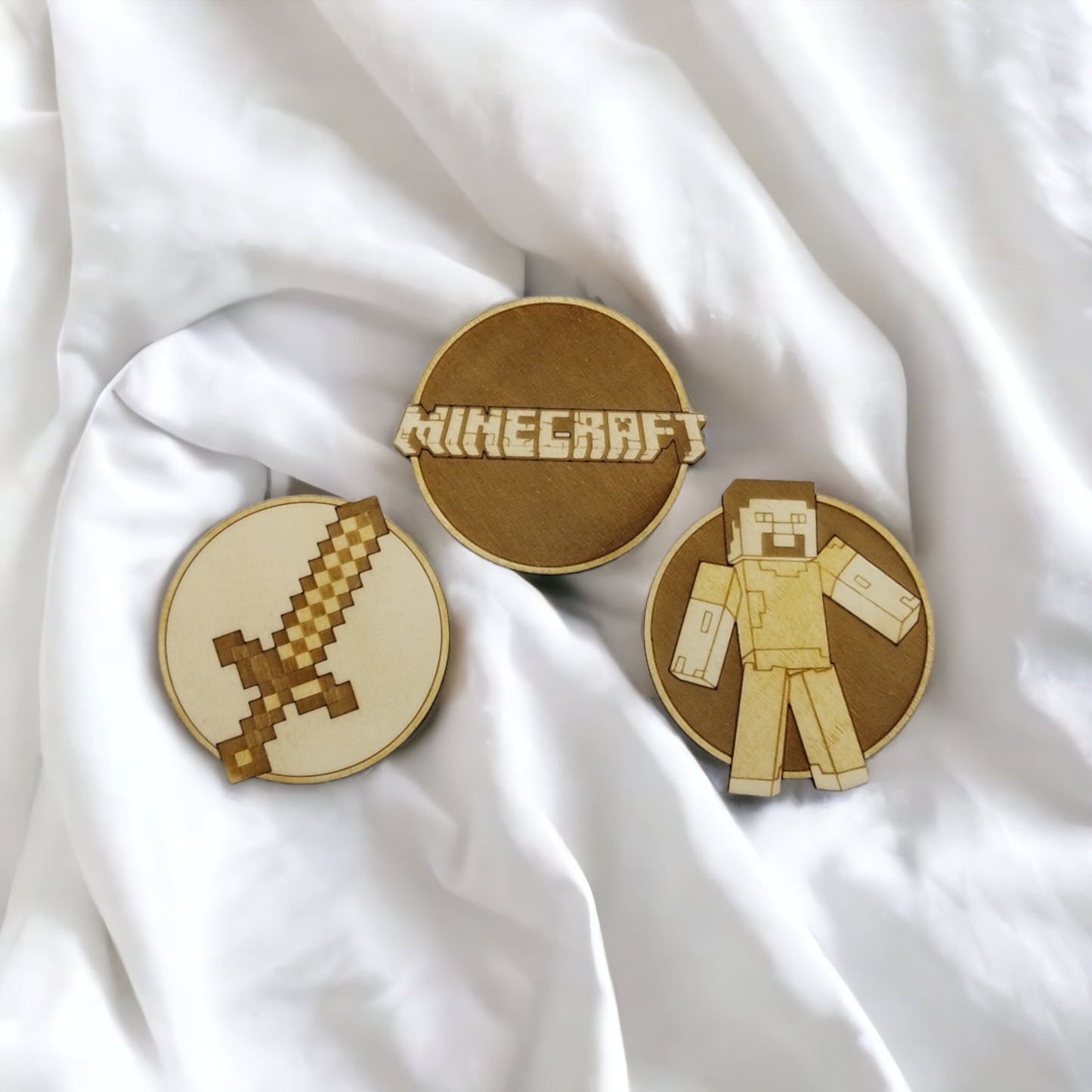 Set of 3 Minecraft Wooden Coasters - Handmade Gift - Housewarming - Wood Kitchenware - Gamer