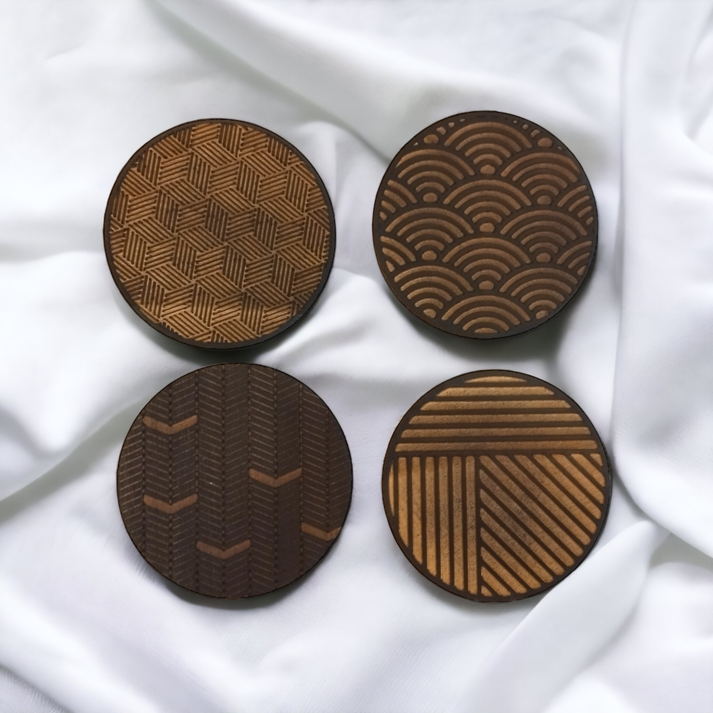 Set of 4 Black Geometric Wooden Coasters - Handmade Gift - Housewarming - Wood Kitchenware