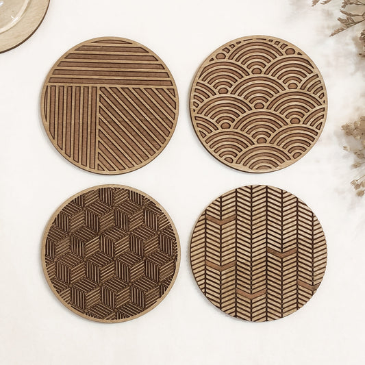 Set of 4 Geometric Wooden Coasters - Handmade Gift - Housewarming - Wood Kitchenware