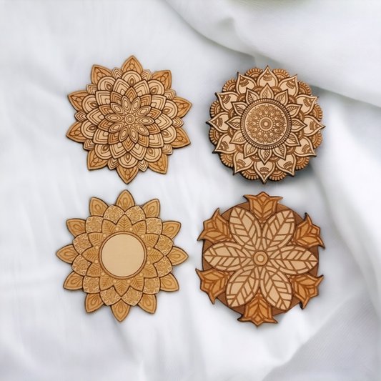 Set of 4 Mandala Wooden Coasters - Handmade Gift - Housewarming - Wood Kitchenware