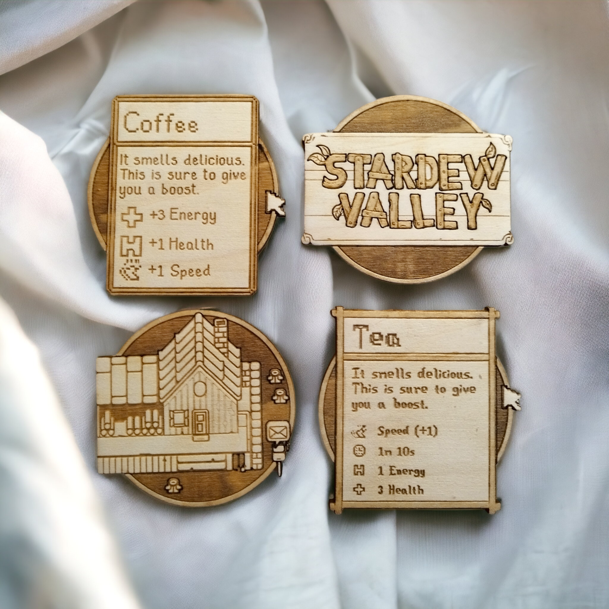 Set of 4 Stardew Valley Wooden Coasters - Handmade Gift - Housewarming - Wood Kitchenware