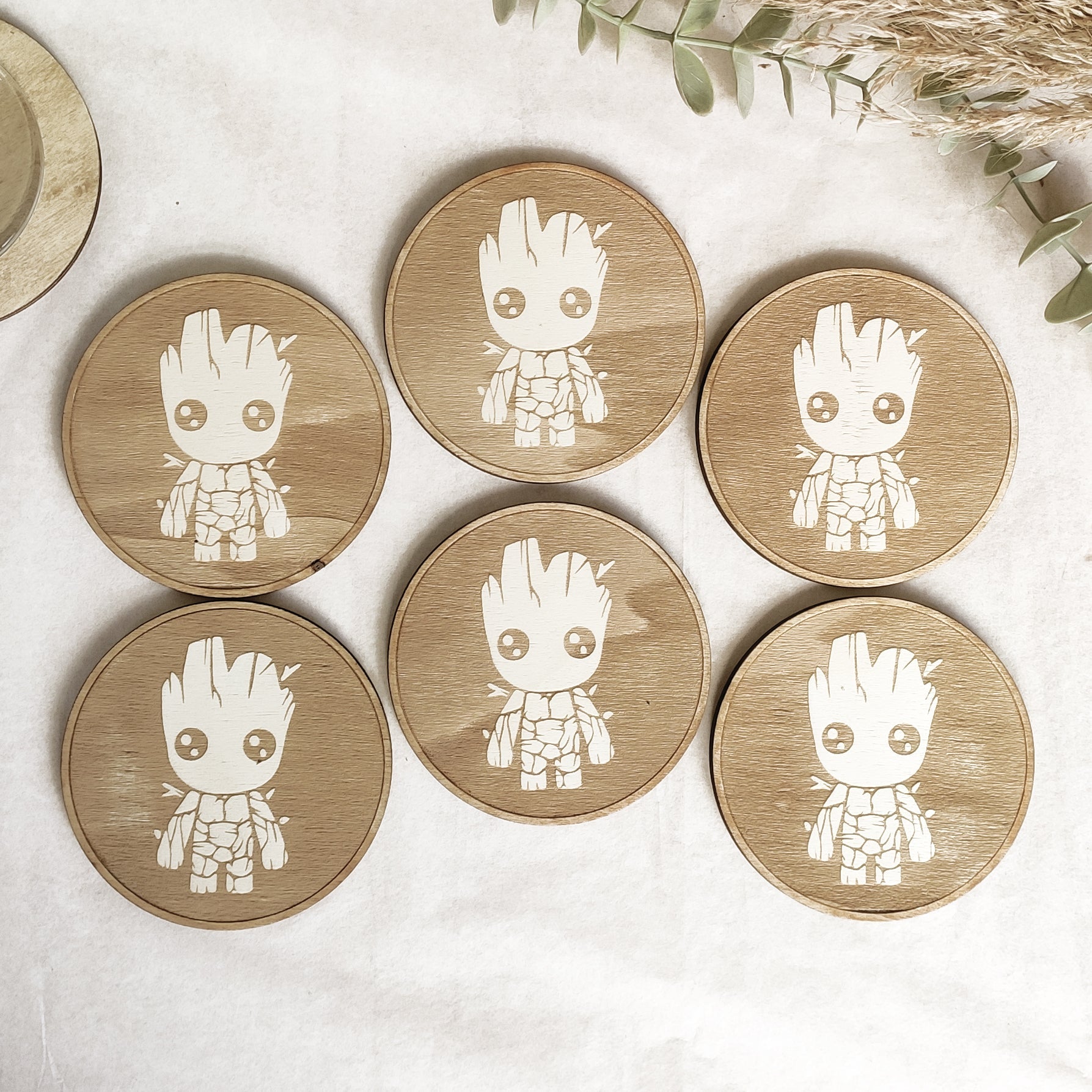 Set of 6 Baby Groot Wooden Coasters - Handmade Gift - Housewarming - Wood Kitchenware - Guardians of The Galaxy