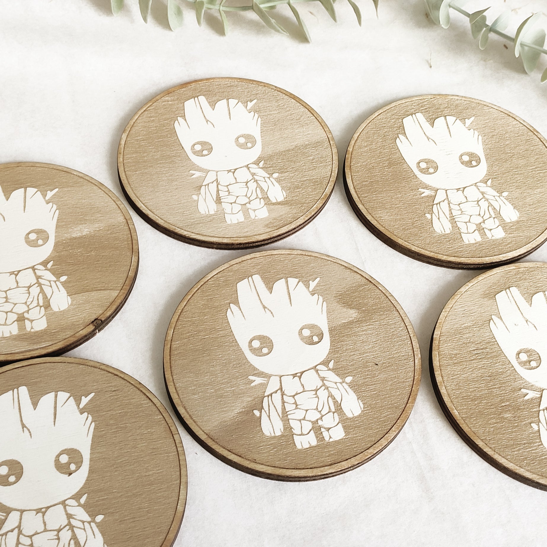 Set of 6 Baby Groot Wooden Coasters - Handmade Gift - Housewarming - Wood Kitchenware - Guardians of The Galaxy