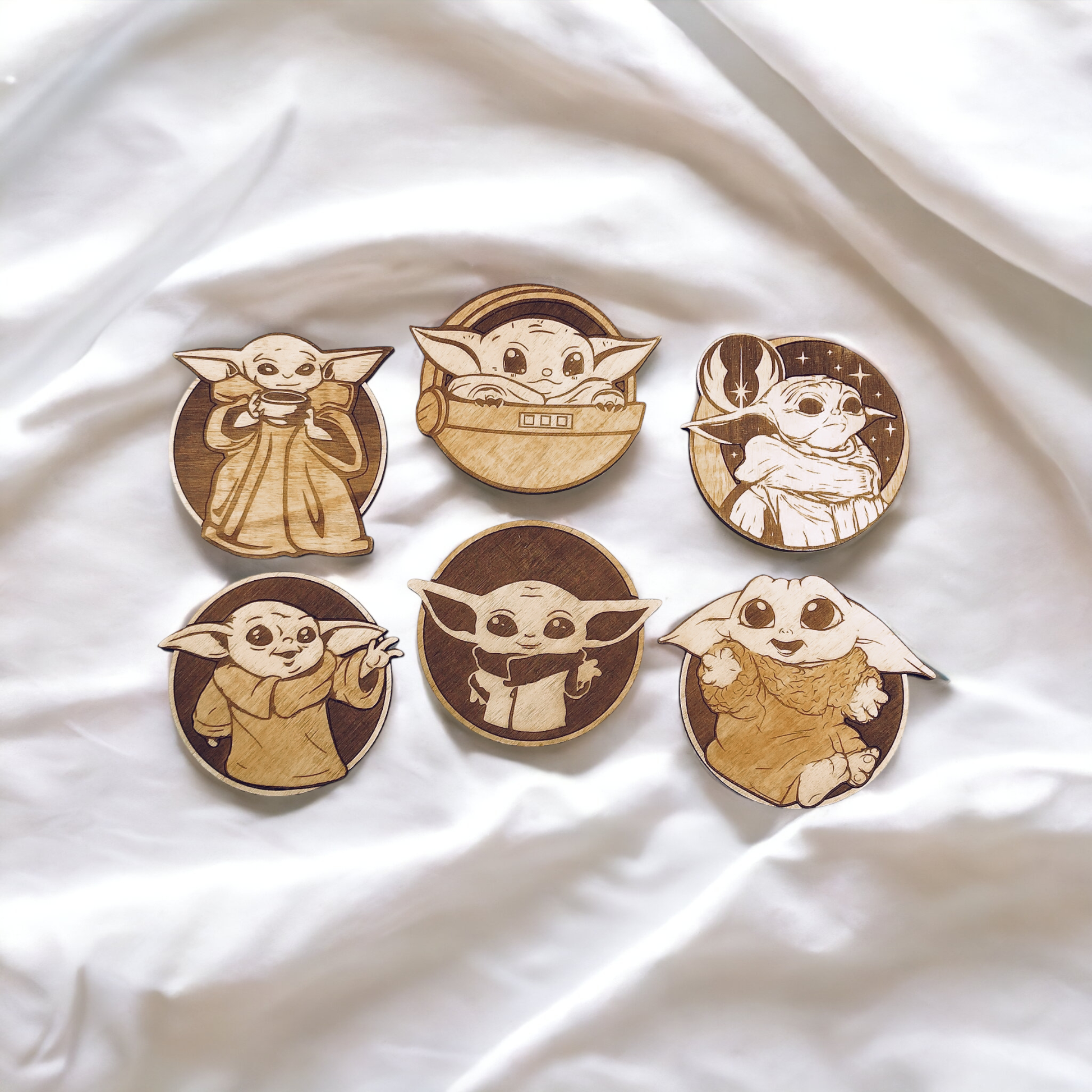 Set of 6 Baby Yoda Wooden Coasters - Handmade Gift - Housewarming - Wood Kitchenware - Baby Yoda - The Mandalorian