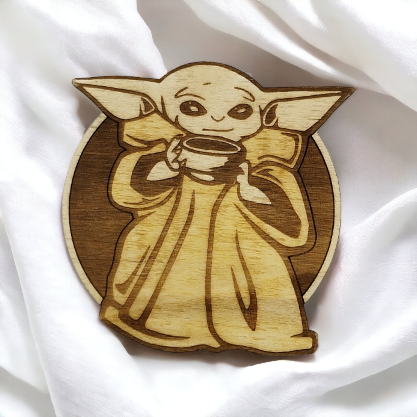 Set of 6 Baby Yoda Wooden Coasters - Handmade Gift - Housewarming - Wood Kitchenware - Baby Yoda - The Mandalorian