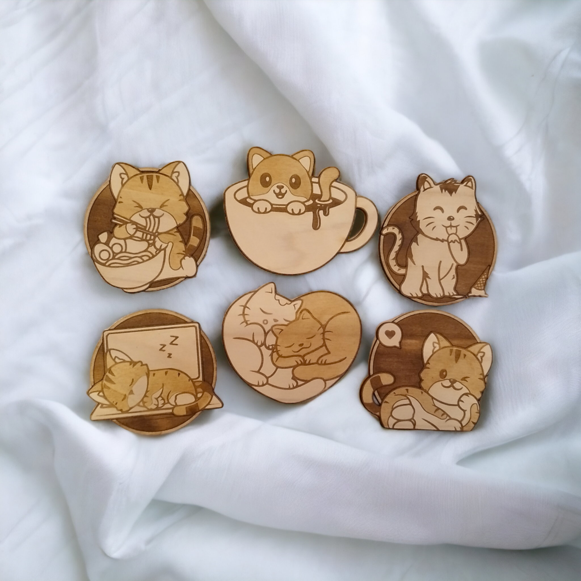 Set of 6 Cat Collection Wooden Coasters - Handmade Gift - Housewarming - Wood Kitchenware