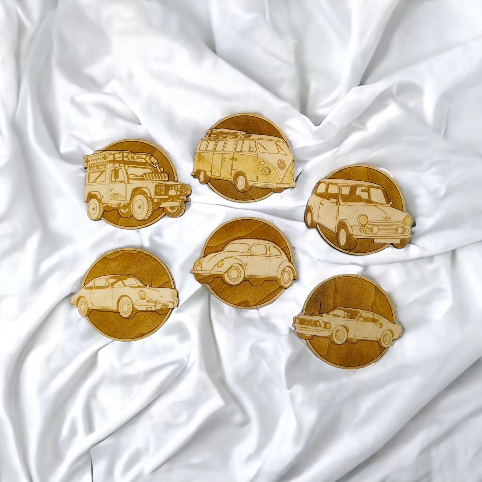 Set of 6 Classic Cars Wooden Coasters - Handmade Gift - Housewarming - Wood Kitchenware