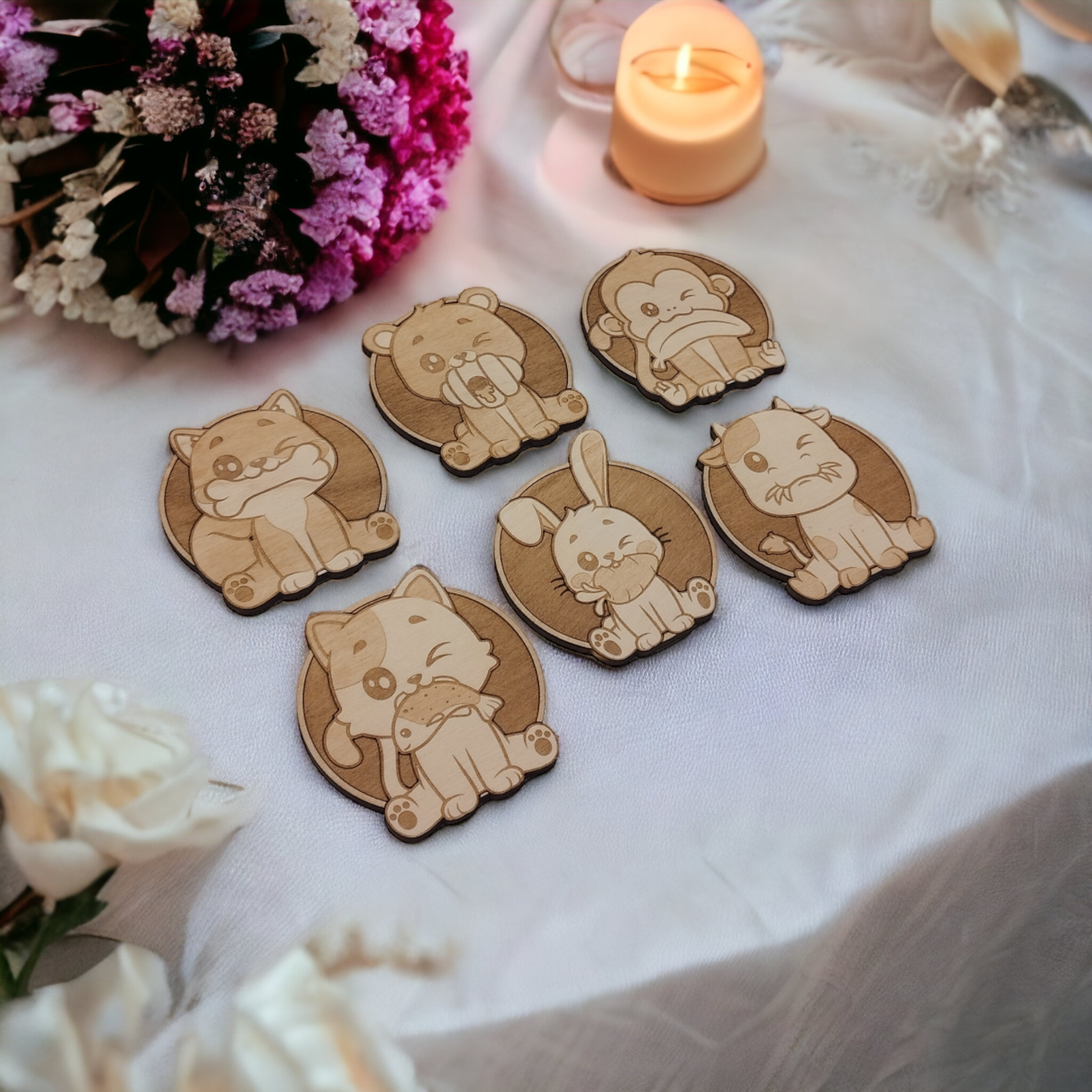 Set of 6 Cute Animals Collection Wooden Coasters - Handmade Gift - Housewarming - Wood Kitchenware