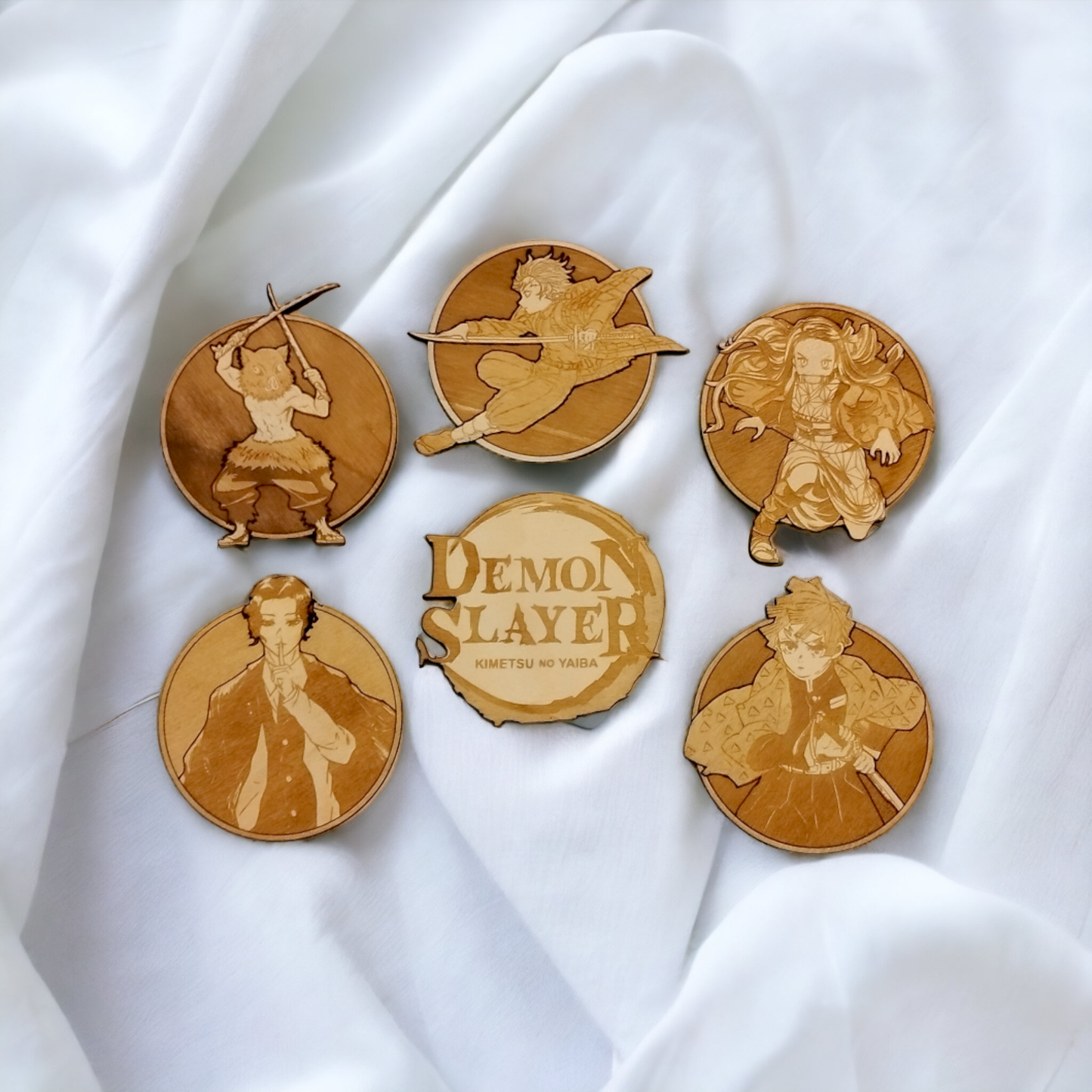 Set of 6 Demon Slayer Wooden Coasters - Handmade Gift - Housewarming - Wood Kitchenware