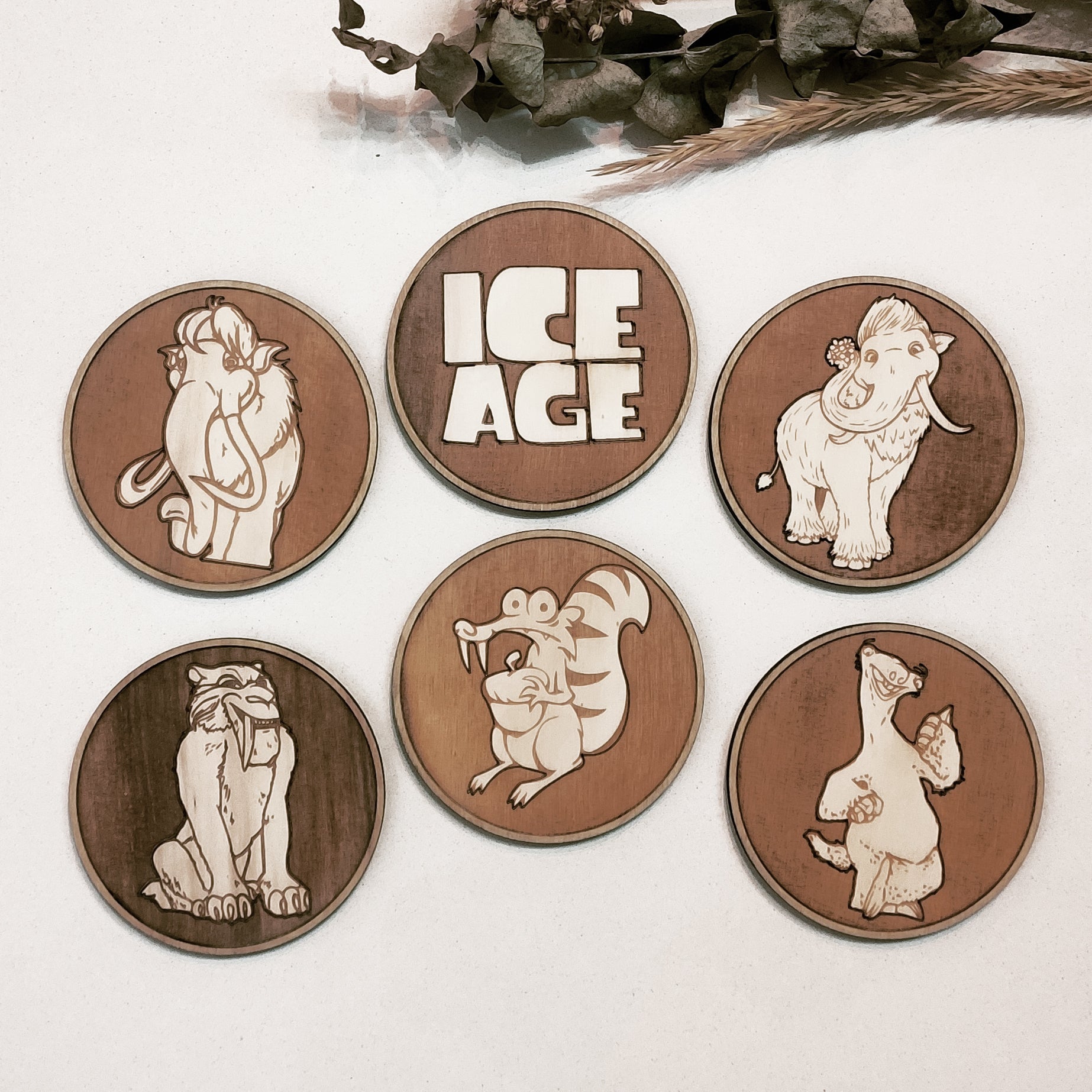 Set of 6 Ice Age Wooden Coasters - Handmade Gift - Housewarming - Wood Kitchenware