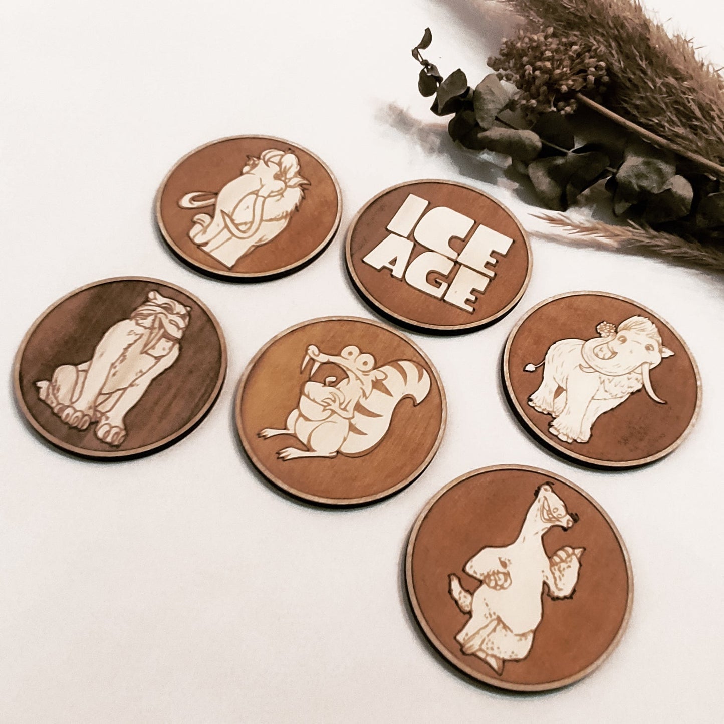 Set of 6 Ice Age Wooden Coasters - Handmade Gift - Housewarming - Wood Kitchenware