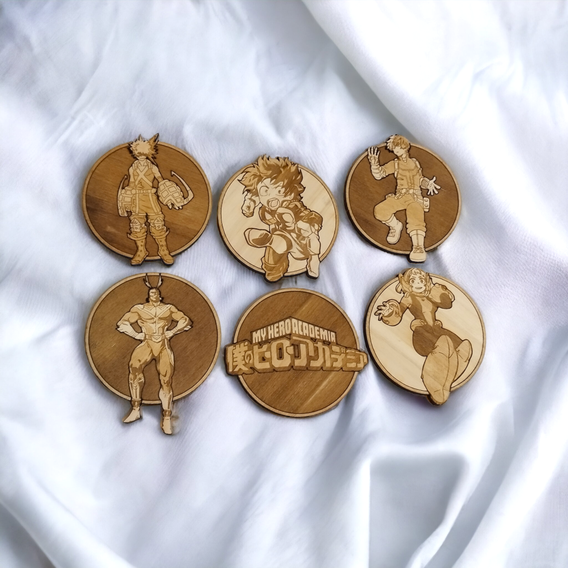 Set of 6 My Hero Academy Wooden Coasters - Handmade Gift - Housewarming - Wood Kitchenware