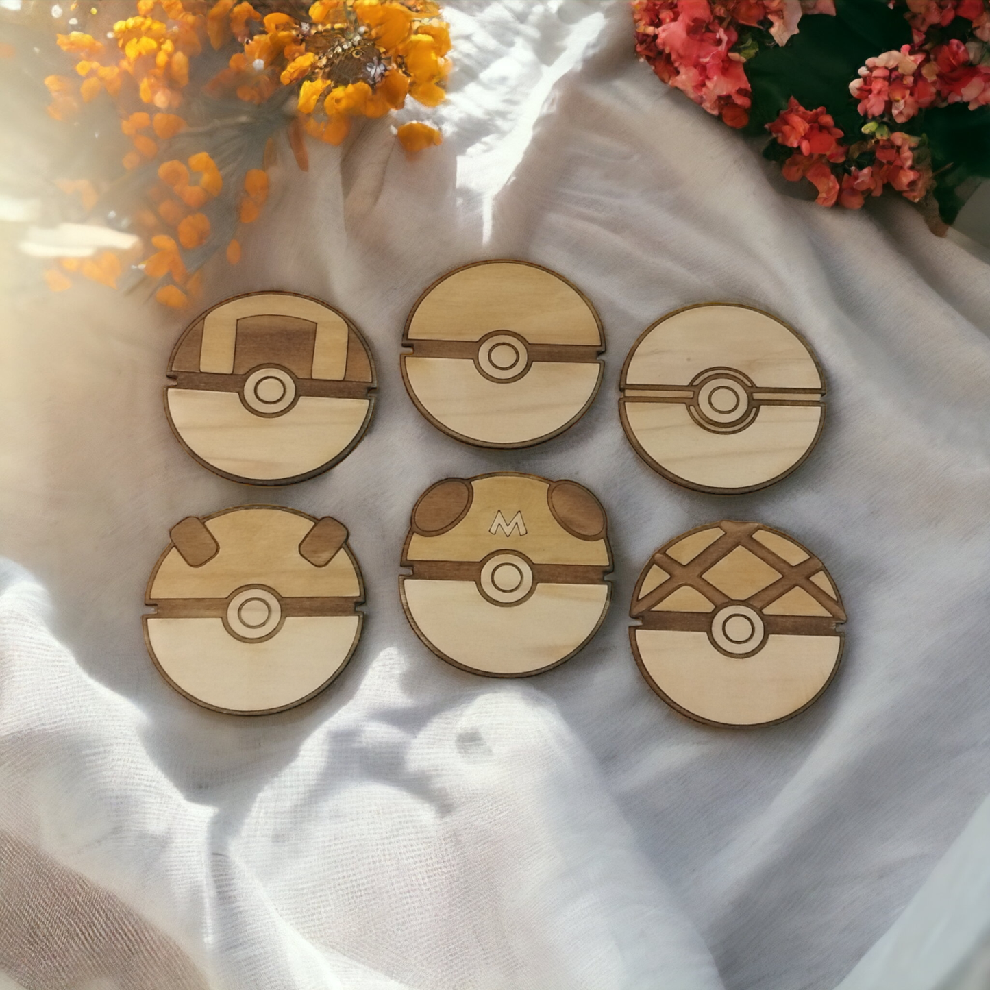 Set of 6 Pokeball Wooden Coasters - Handmade Gift - Housewarming - Wood Kitchenware