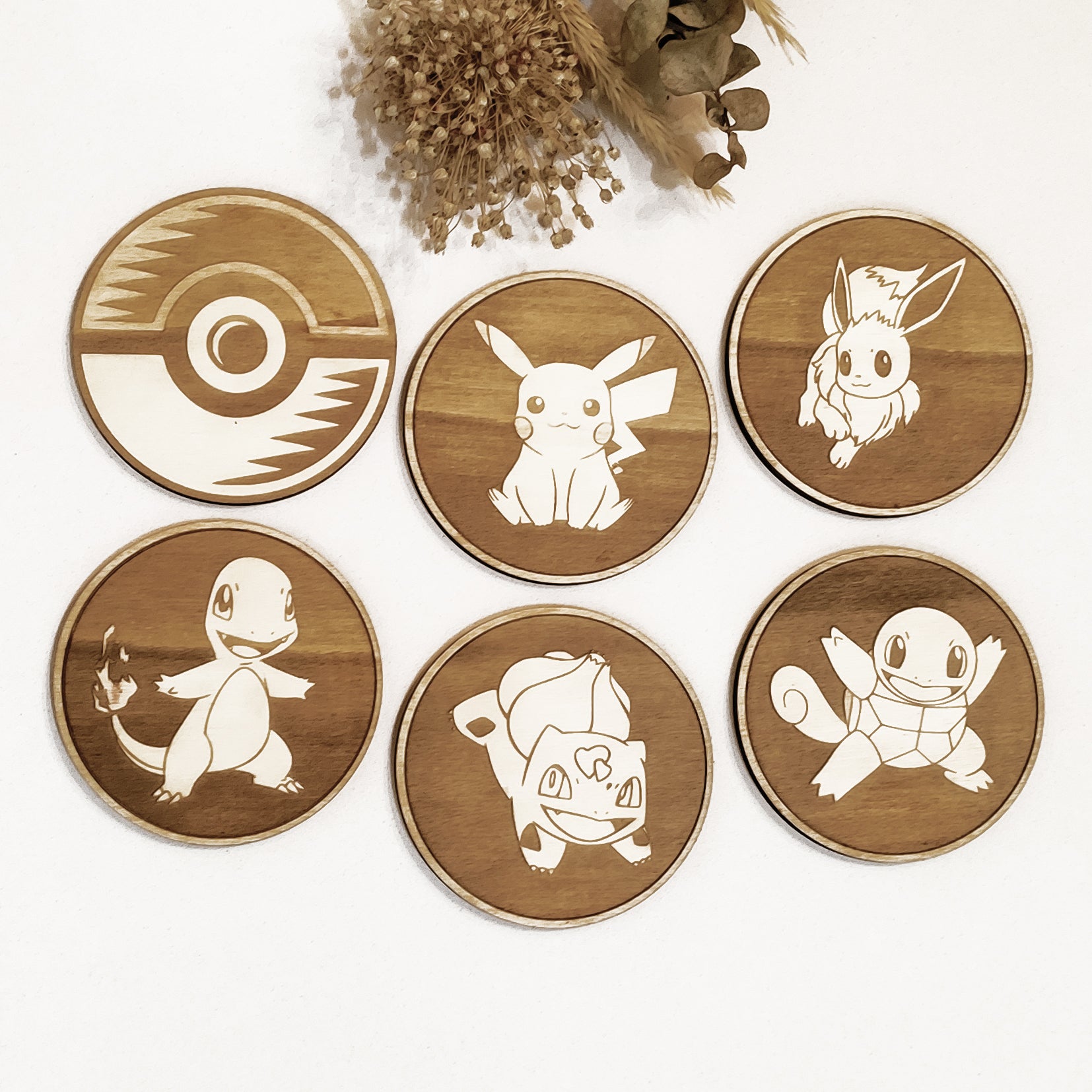 Set of 6 Pokemon Wooden Coasters - Handmade Gift - Housewarming - Wood Kitchenware