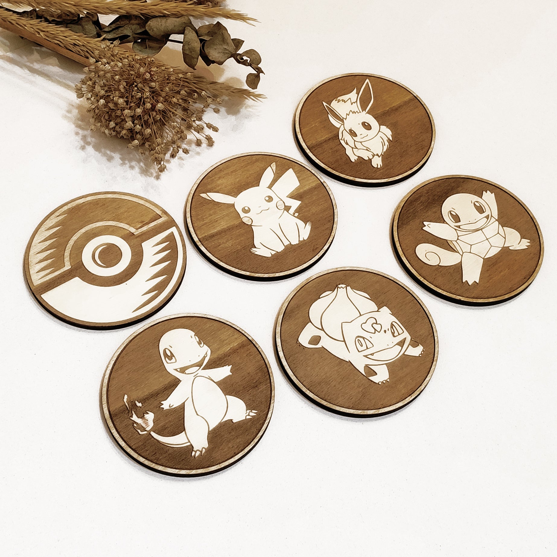 Set of 6 Pokemon Wooden Coasters - Handmade Gift - Housewarming - Wood Kitchenware