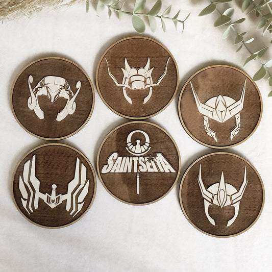 Set of 6 Saint Seiya Wooden Coasters - Handmade Gift - Housewarming - Wood Kitchenware