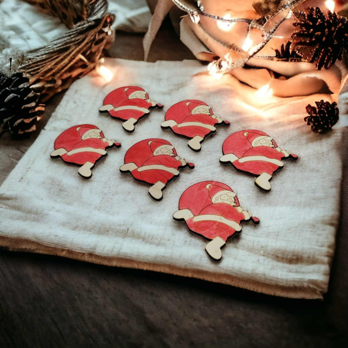 Set of 6 Santa Claus Wooden Coasters - Handmade Gift - Christmas Decor - Wood Kitchenware