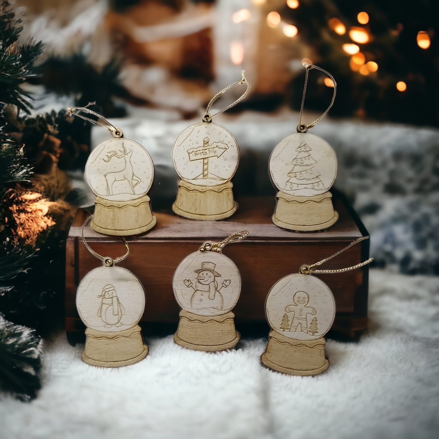 Set of 6 Snow Globes Ornaments Wooden Coasters - Handmade Gift - Housewarming - Wood Kitchenware