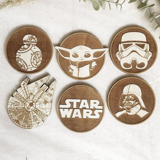 Set of 6 Star Wars Wooden Coasters - Handmade Gift - Housewarming - Wood Kitchenware - Baby Yoda - The Mandalorian