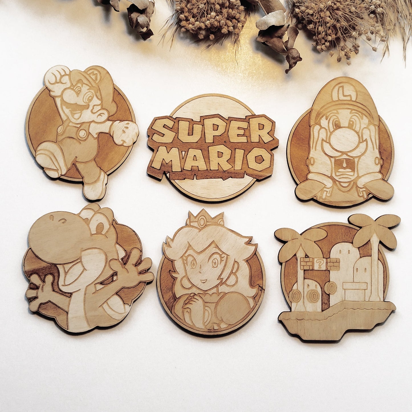 Set of 6 Super Mario Bros Wooden Coasters - Handmade Gift - Housewarming - Wood Kitchenware